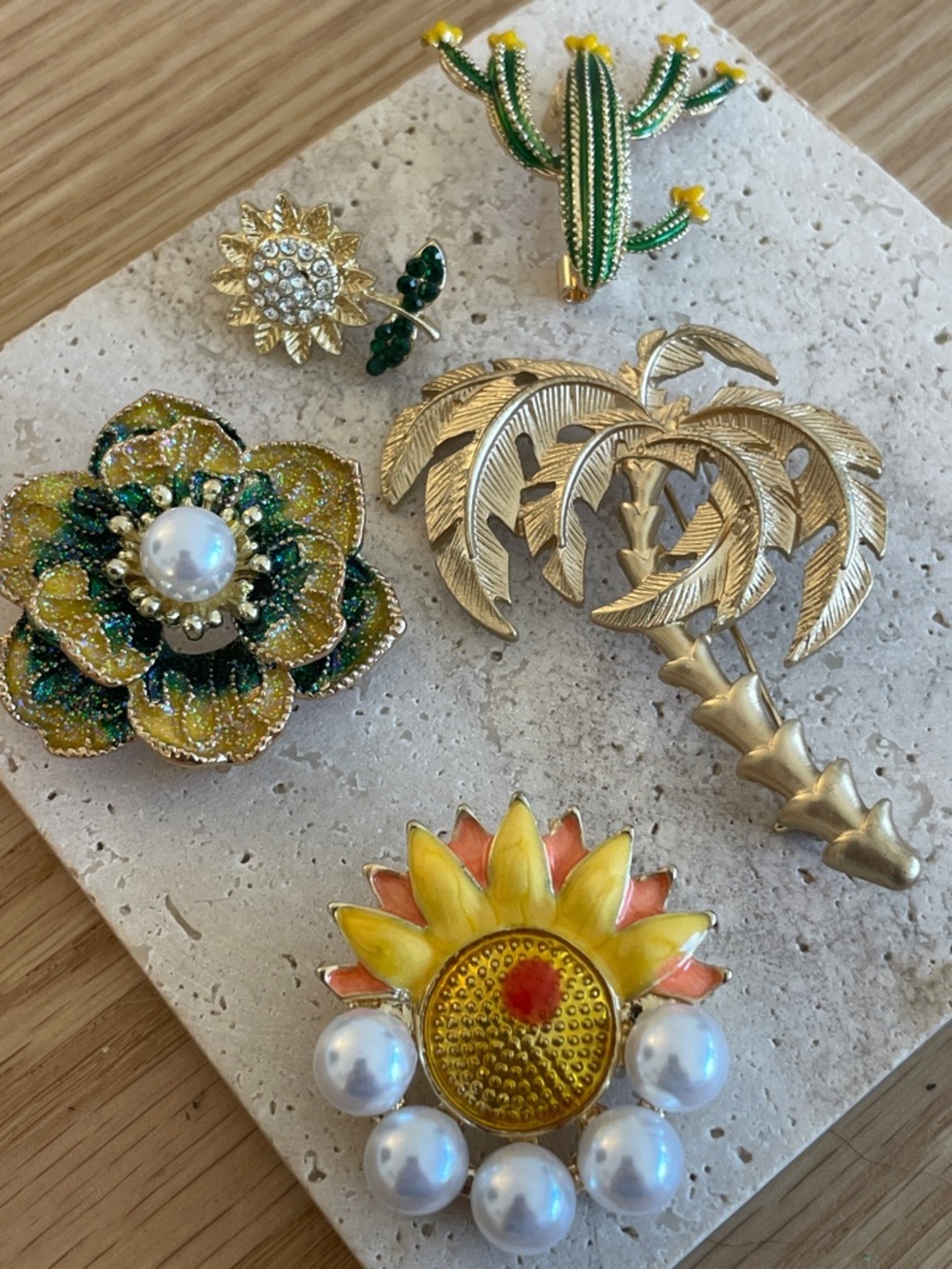 Botanical Brooch Bundle Cactus Sunflower Gold Pearl Pins Cottagecore Resort Whim